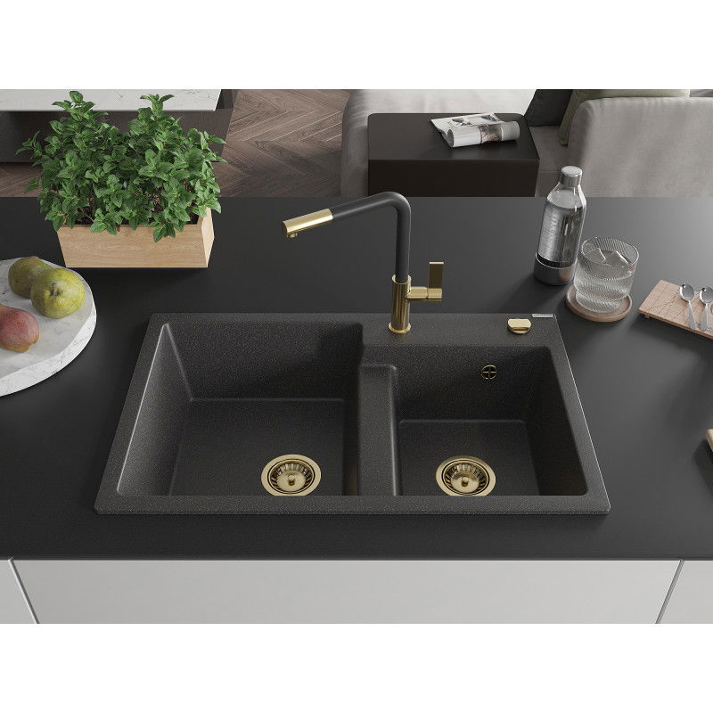 Mexen Tomas granite sink 2-bowl with Flora kitchen tap, black speckled - 6516-76-670401-57-G