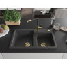 Mexen Tomas 2-bowl granite kitchen sink with Flora faucet, spotted black - 6516-76-670401-57-G