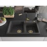 Mexen Tomas granite sink 2-bowl with Flora kitchen tap, black speckled - 6516-76-670401-57-G