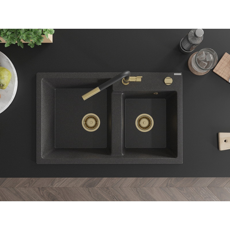 Mexen Tomas 2-bowl granite sink with Flora kitchen faucet, speckled black - 6516-76-670401-57-G
