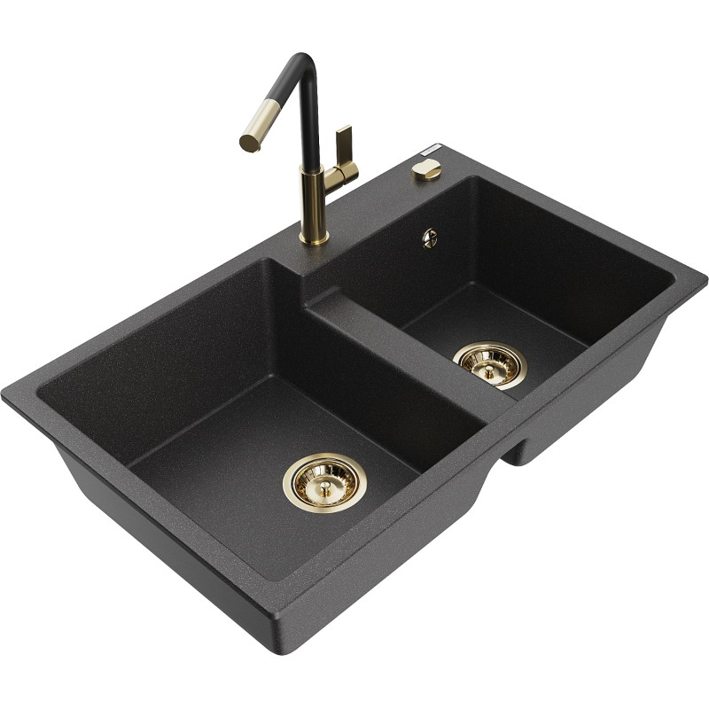 Mexen Tomas 2-bowl granite sink with Flora kitchen faucet, speckled black - 6516-76-670401-57-G