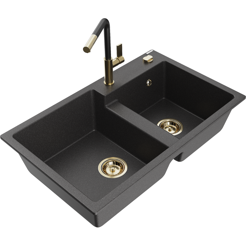 Mexen Tomas granite sink 2-bowl with Flora kitchen tap, black speckled - 6516-76-670401-57-G