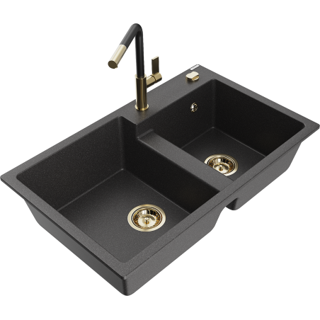 Mexen Tomas 2-bowl granite kitchen sink with Flora faucet, spotted black - 6516-76-670401-57-G