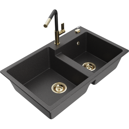 Mexen Tomas granite sink 2-bowl with Flora kitchen tap, black speckled - 6516-76-670401-57-G