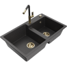 Mexen Tomas 2-bowl granite kitchen sink with Flora faucet, spotted black - 6516-76-670401-57-G