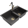 Mexen Tomas granite sink 2-bowl with Flora kitchen tap, black speckled - 6516-76-670401-57-G