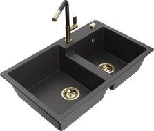 Mexen Tomas 2-bowl granite sink with Flora kitchen faucet, speckled black - 6516-76-670401-57-G