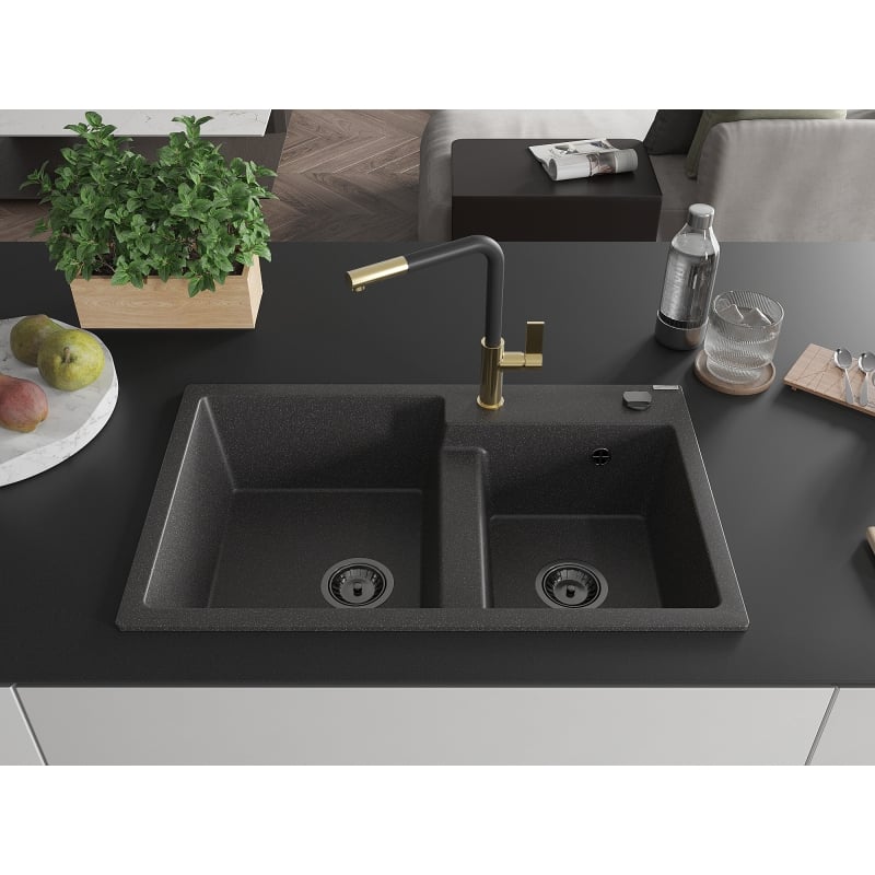 Mexen Tomas 2-bowl granite sink with Flora kitchen faucet, speckled black - 6516-76-670401-57-B