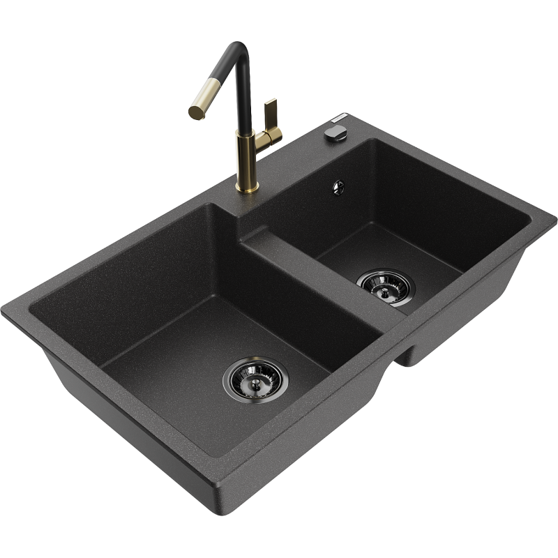 Mexen Tomas 2-bowl Granite Sink with Flora Kitchen Tap, Speckled Black - 6516-76-670401-57-B