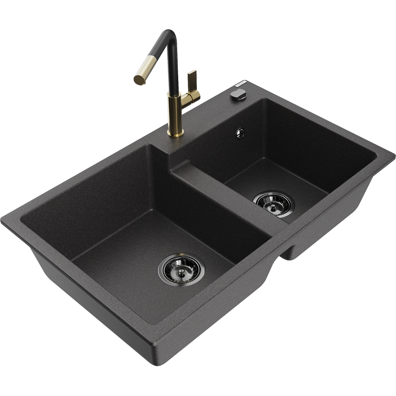 Mexen Tomas 2-compartment granite sink with a kitchen mixer tap Flora, spotted black - 6516-76-670401-57-B