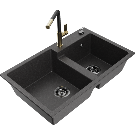 Mexen Tomas 2-bowl granite sink with Flora kitchen faucet, speckled black - 6516-76-670401-57-B