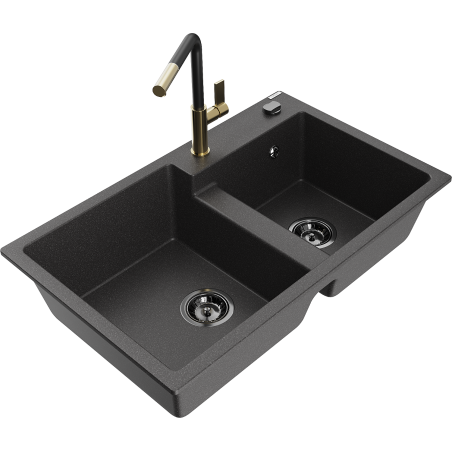 Mexen Tomas 2-bowl Granite Sink with Flora Kitchen Tap, Speckled Black - 6516-76-670401-57-B