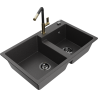 Mexen Tomas 2-bowl granite sink with Flora kitchen faucet, speckled black - 6516-76-670401-57-B