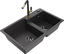 Mexen Tomas 2-bowl granite sink with Flora kitchen faucet, speckled black - 6516-76-670401-57-B