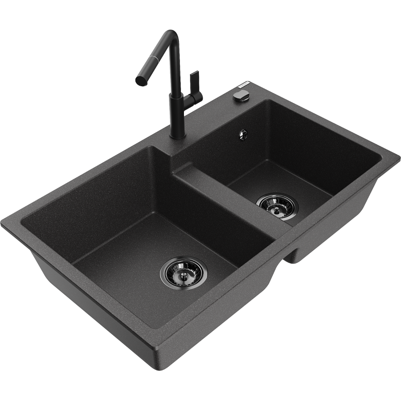 Mexen Tomas 2-compartment granite sink with a kitchen mixer tap Flora, spotted black - 6516-76-670401-70-B