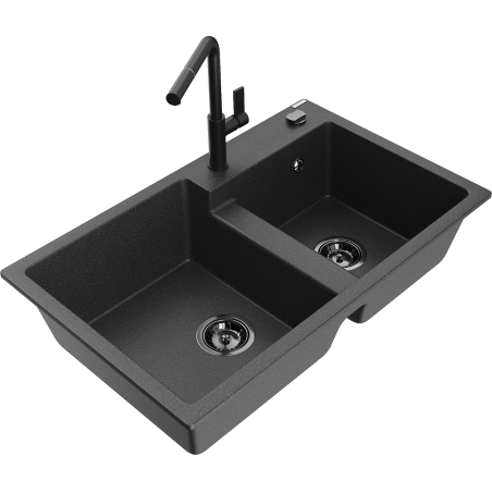 Mexen Tomas 2-bowl granite sink with Flora kitchen faucet, speckled black - 6516-76-670401-70-B