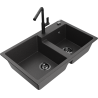 Mexen Tomas 2-bowl granite sink with Flora kitchen faucet, speckled black - 6516-76-670401-70-B