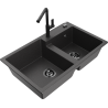 Mexen Tomas granite kitchen sink 2-bowl with Flora kitchen faucet, speckled black - 6516-76-670401-70-B