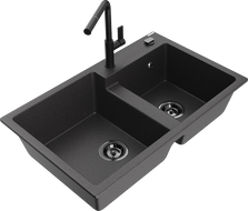 Mexen Tomas 2-bowl granite sink with Flora kitchen faucet, speckled black - 6516-76-670401-70-B