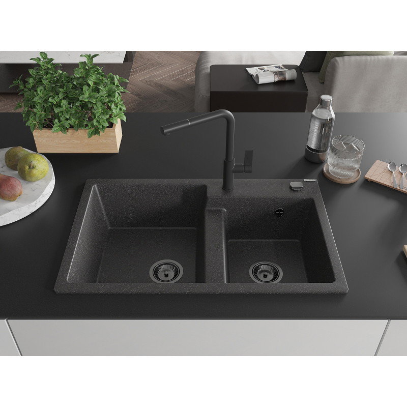 Mexen Tomas granite kitchen sink 2-bowl with Flora kitchen faucet, speckled black - 6516-76-670401-70-B