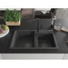 Mexen Tomas granite kitchen sink 2-bowl with Flora kitchen faucet, speckled black - 6516-76-670401-70-B