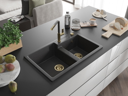 Mexen Tomas 2-bowl granite sink with Flora kitchen faucet, black speckled - 6516-76-670401-75-G