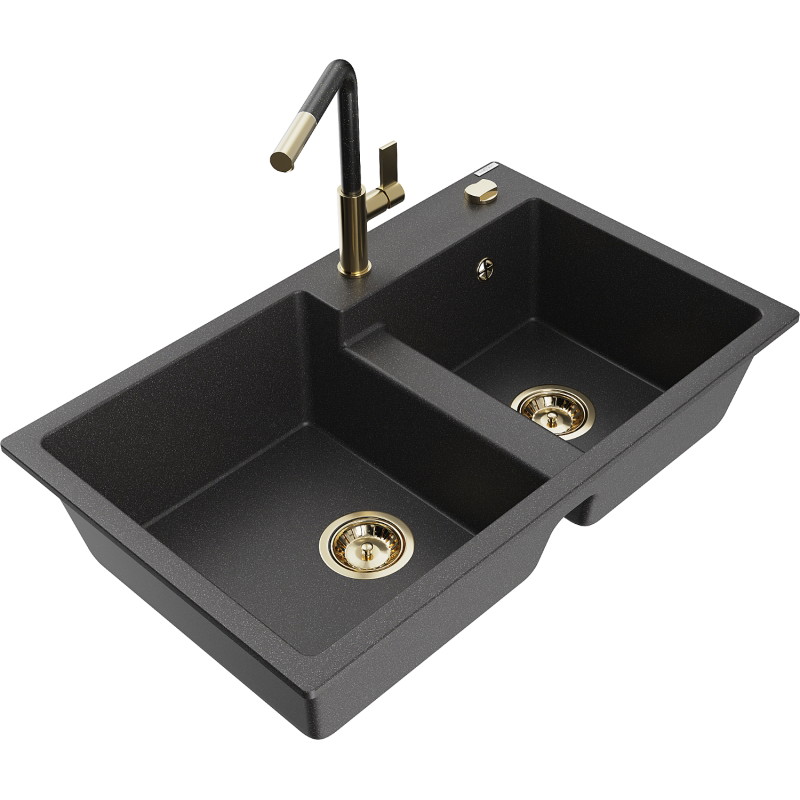 Mexen Tomas 2-bowl granite sink with Flora kitchen faucet, black speckled - 6516-76-670401-75-G