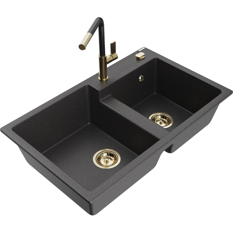Mexen Tomas 2-compartment granite sink with a kitchen mixer tap Flora, spotted black - 6516-76-670401-75-G