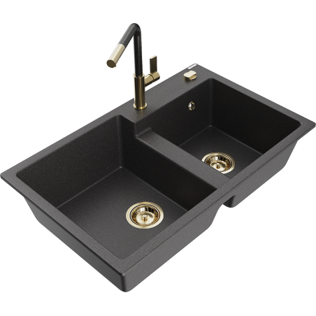 Mexen Tomas 2-bowl granite sink with Flora kitchen faucet, black speckled - 6516-76-670401-75-G