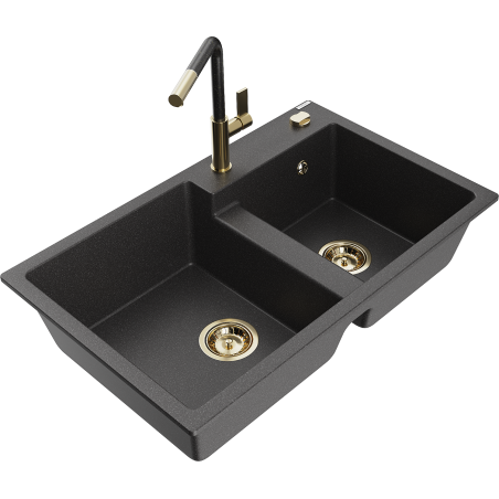 Mexen Tomas granite sink 2-chamber with Flora kitchen tap, speckled black - 6516-76-670401-75-G