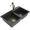Mexen Tomas 2-bowl granite sink with Flora kitchen faucet, black speckled - 6516-76-670401-75-G