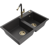 Mexen Tomas granite sink 2-chamber with Flora kitchen tap, speckled black - 6516-76-670401-75-G