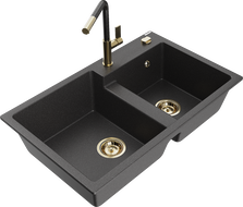Mexen Tomas 2-bowl granite sink with Flora kitchen faucet, black speckled - 6516-76-670401-75-G