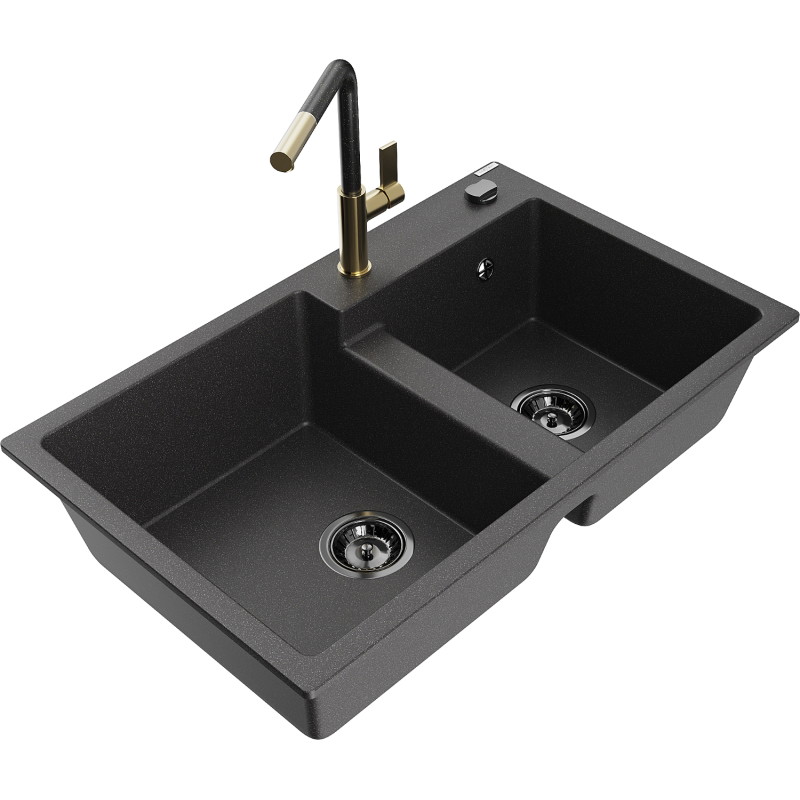 Mexen Tomas 2-bowl granite sink with Flora kitchen faucet, black speckled - 6516-76-670401-75-B