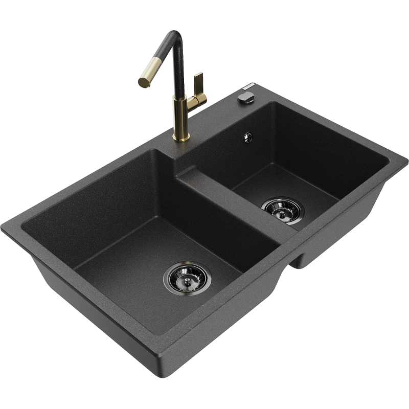 Mexen Tomas granite double kitchen sink with Flora kitchen tap, speckled black - 6516-76-670401-75-B