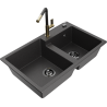 Mexen Tomas 2-bowl granite sink with Flora kitchen faucet, black speckled - 6516-76-670401-75-B