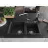 Mexen Tomas 2-chamber granite sink with Flora kitchen faucet, black - 6516-77-670401-00