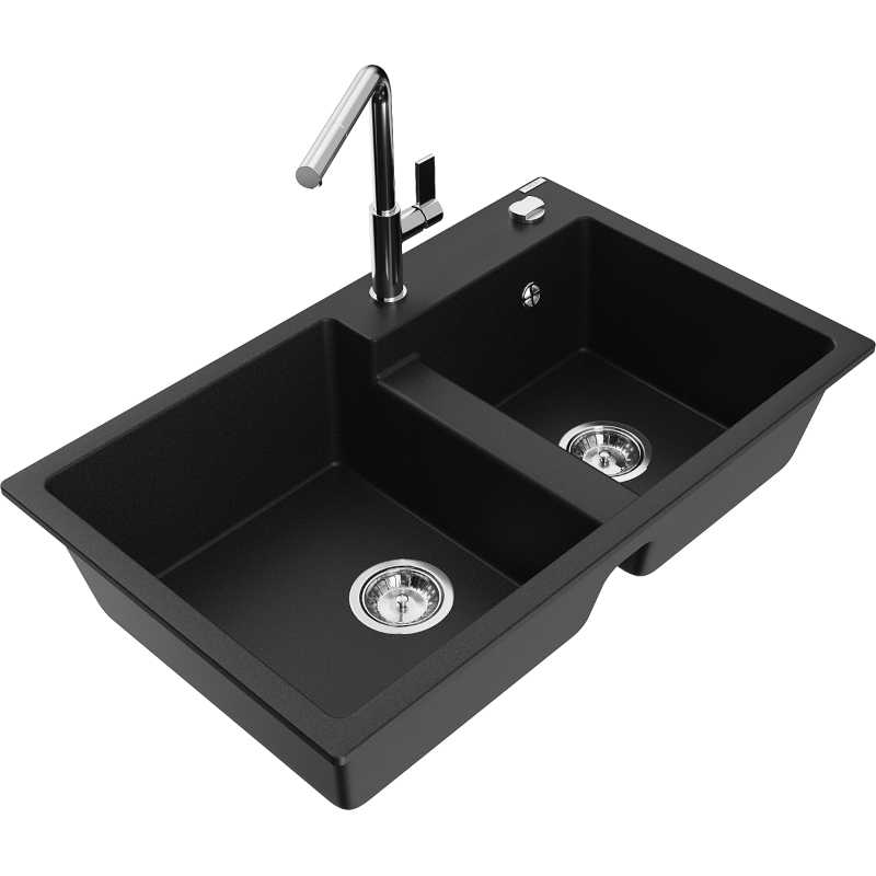 Mexen Tomas 2-compartment granite sink with a kitchen mixer tap Flora, Black - 6516-77-670401-00