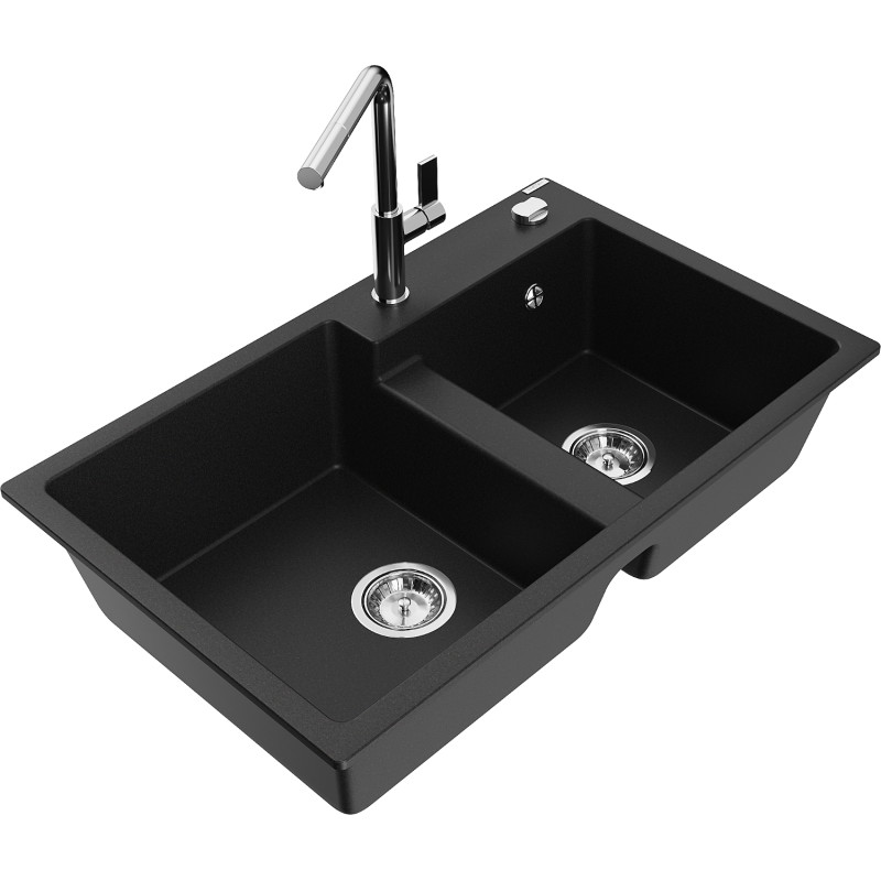 Mexen Tomas granite kitchen sink 2-compartment with Flora kitchen faucet, black - 6516-77-670401-00
