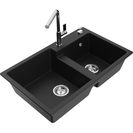 Mexen Tomas 2-compartment granite sink with a kitchen mixer tap Flora, Black - 6516-77-670401-00