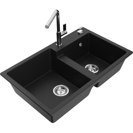 Mexen Tomas granite sink 2-chamber with Flora kitchen tap, black - 6516-77-670401-00