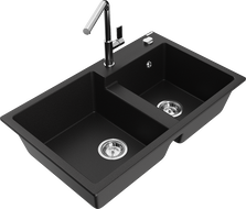 Mexen Tomas 2-chamber granite sink with Flora kitchen faucet, black - 6516-77-670401-00