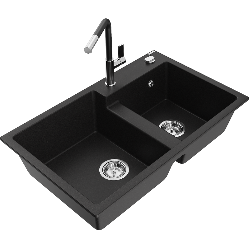 Mexen Tomas 2-compartment granite sink with a kitchen mixer tap Flora, Black - 6516-77-670401-07