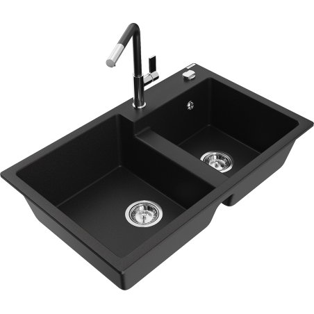 Mexen Tomas 2-bowl granite sink with Flora kitchen faucet, black - 6516-77-670401-07