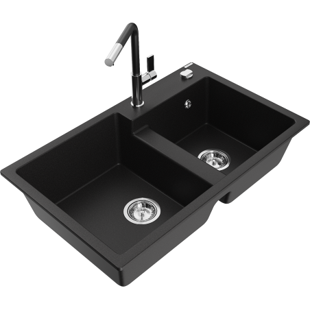 Mexen Tomas granite double-bowl sink with Flora kitchen faucet, black - 6516-77-670401-07