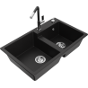 Mexen Tomas 2-bowl granite sink with Flora kitchen faucet, black - 6516-77-670401-07