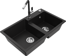 Mexen Tomas 2-bowl granite sink with Flora kitchen faucet, black - 6516-77-670401-07