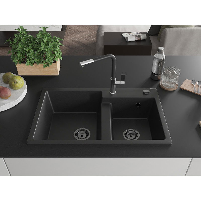 Mexen Tomas granite sink 2-bowl with Flora kitchen tap, black - 6516-77-670401-07-B