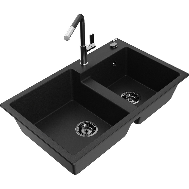 Mexen Tomas 2-bowl granite sink with Flora kitchen faucet, black - 6516-77-670401-07-B