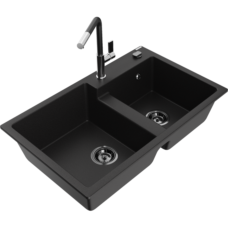 Mexen Tomas 2-compartment granite sink with a kitchen mixer tap Flora, Black - 6516-77-670401-07-B